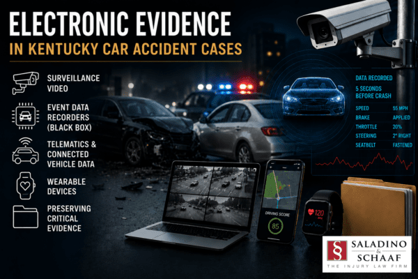 Illustration of electronic evidence in a Kentucky car accident case, including surveillance cameras, vehicle black box data, telematics, and wearable devices.