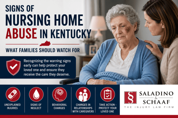 Illustration of warning signs of nursing home abuse in Kentucky, including unexplained injuries, neglect, and changes in a resident's behavior.