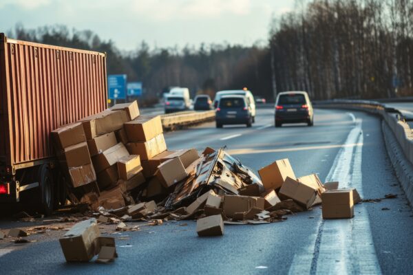 Truck accident on highway with cargo spilled onto the road creating a hazard for other drivers - creating the need for a Kentucky road debris accident lawyer.