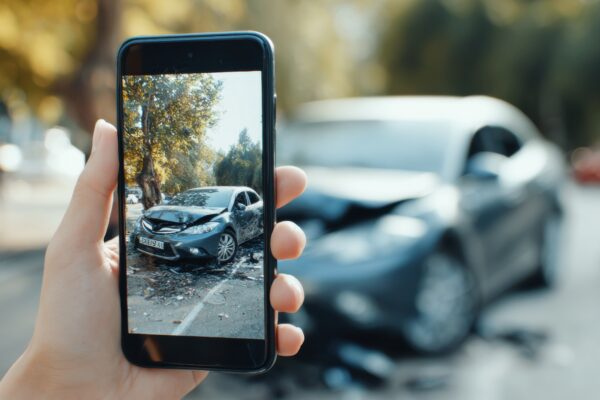 Mobile phone displays an accident scene featuring a damaged car, with trees and a blurred background, emphasizing the first-person perspective