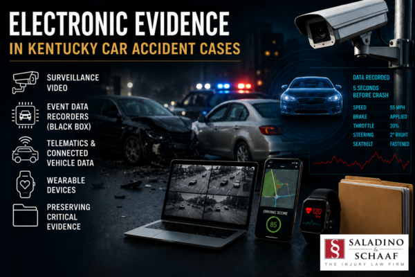 Illustration of electronic evidence in a Kentucky car accident case, including surveillance cameras, vehicle black box data, telematics, and wearable devices.
