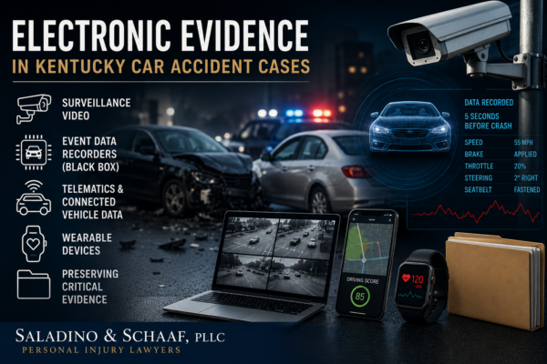 Illustration of electronic evidence in a Kentucky car accident case, including surveillance cameras, vehicle black box data, telematics, and wearable devices.