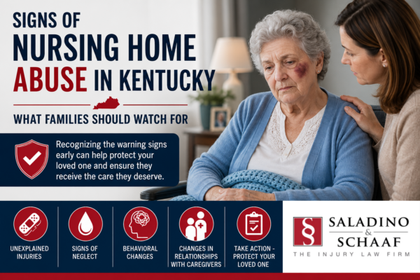 Illustration of warning signs of nursing home abuse in Kentucky, including unexplained injuries, neglect, and changes in a resident's behavior.